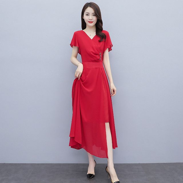 Sienne - Short-Sleeve Chiffon Midi A-Line Dress | YesStyle