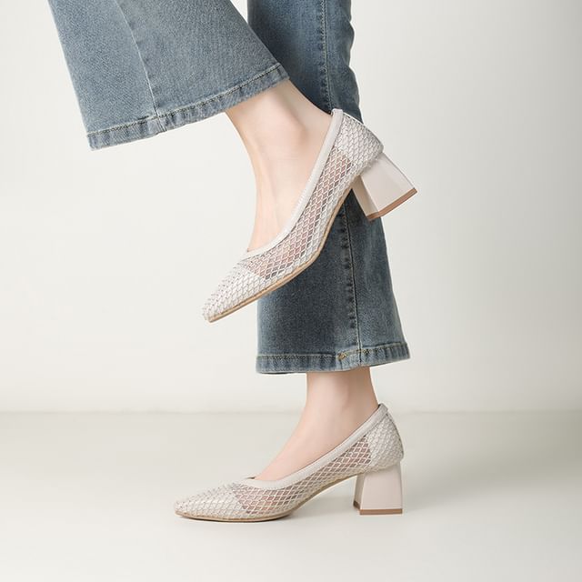 Megan-Chunky Heel Pointed Toe Rhinestone Mesh Pumps