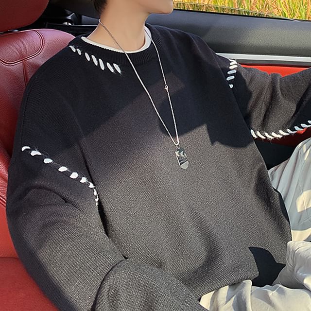 Whyessa-Crew Neck Plain Contrast Stitching Sweater