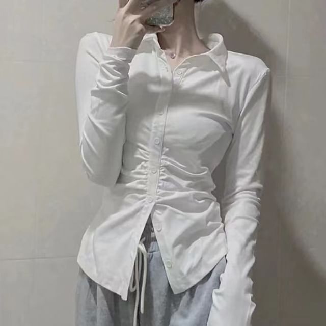 Happo-Long-Sleeve Collared Ruched Button-Up Plain Blouse
