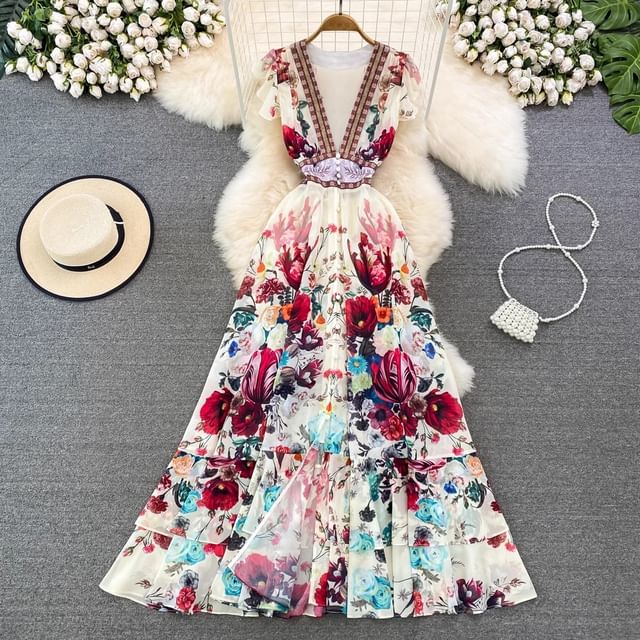 sunnysnow - Cap-Sleeve V-Neck Plunge Floral Print Maxi A-Line Dress | YesStyle sunnysnow - Cap-Sleeve V-Neck Plunge Floral Print Maxi A-Line Dress | YesStyle
