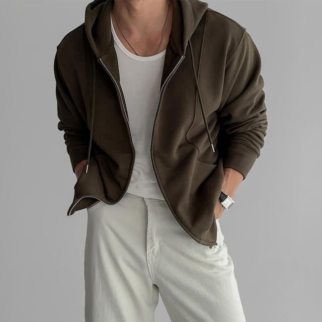 mopagrati-Plain Drawstring Zip-Up Hoodie