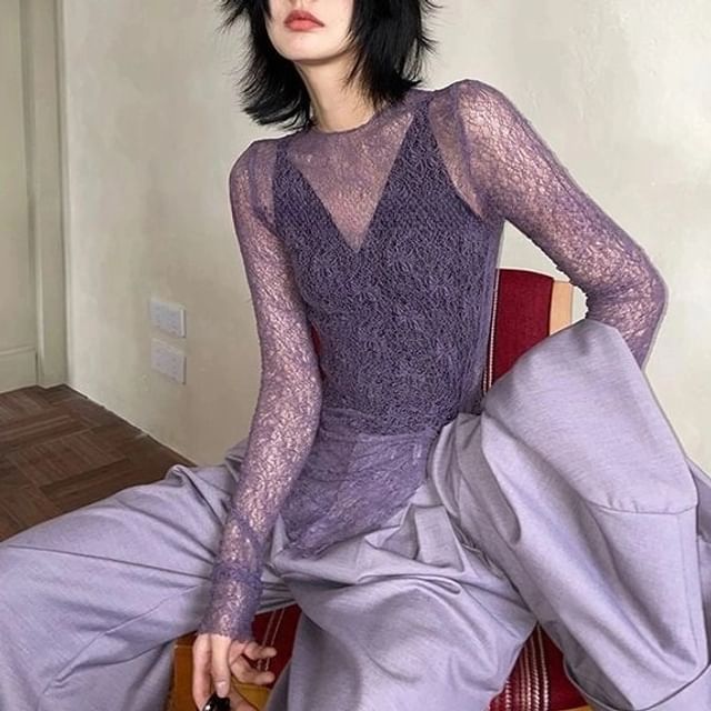 Kenning-Long-Sleeve Crew Neck Plain Lace Top
