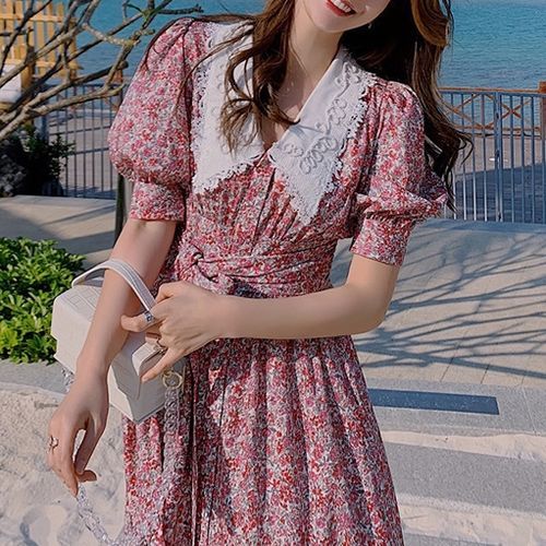 Shinobu - Floral Short-Sleeve A-line Dress / Blouse | YesStyle