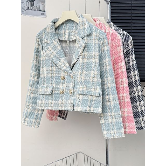 Lemongrass-Lapel Double-Breasted Plaid Tweed Jacket