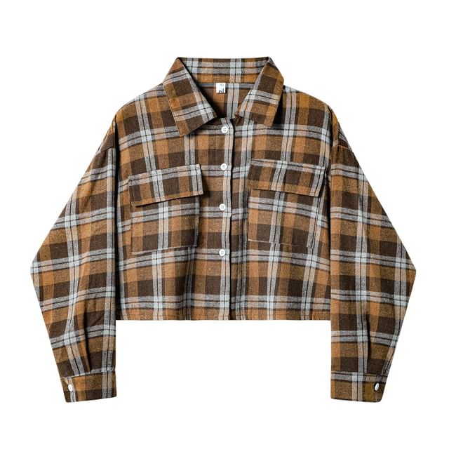 Lady Jean-Collar Plaid Pocket Detail Crop Shacket