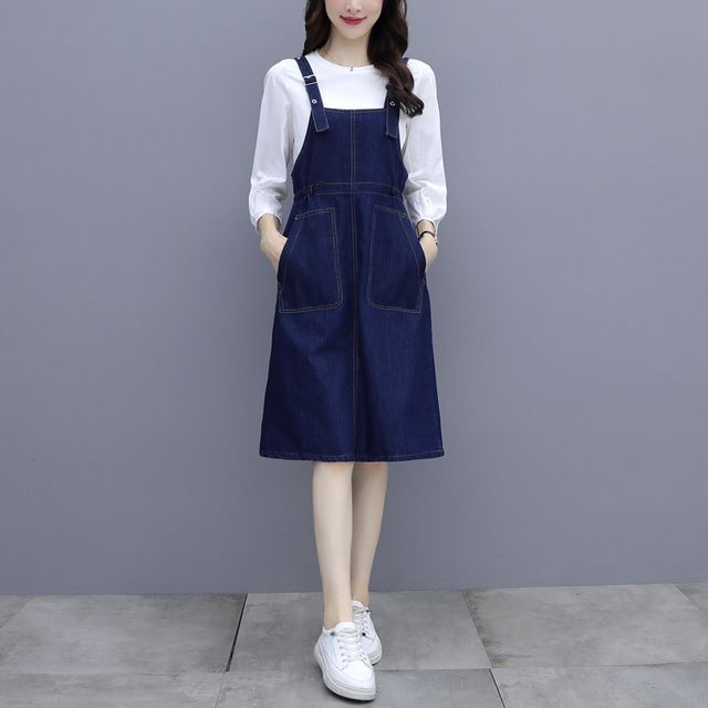 Set: Long-Sleeve Plain Top + Denim Jumper Dress