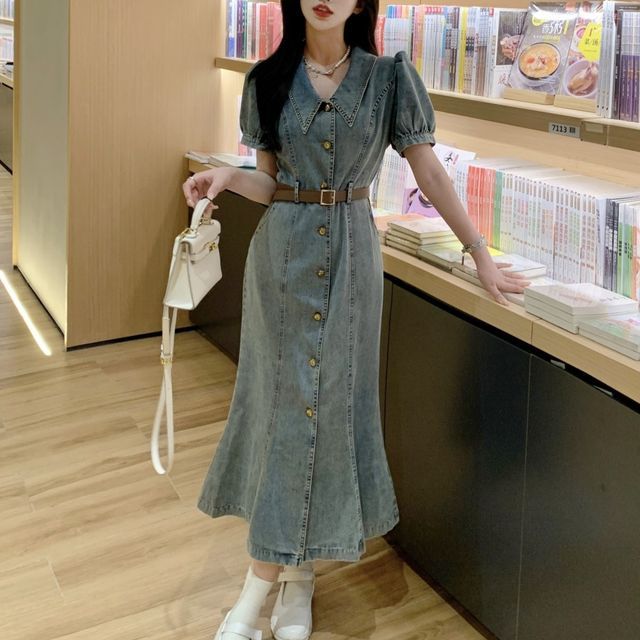 white christmas dresses V-Neck Front Slit Mermaid Denim Dress – liwisi main image 0