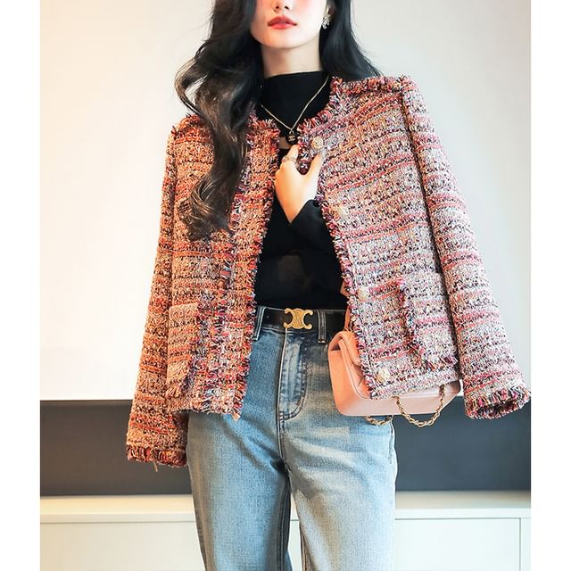 Janunu - U-Neck Melange Button-Up Tweed Jacket | YesStyle