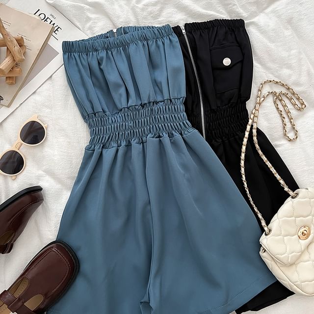 DIYI-Plain Shirred Zip Tube Romper