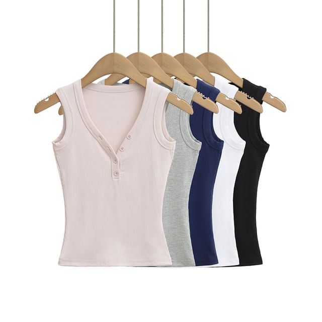 Ulark-V-Neck Plain Button Tank Top
