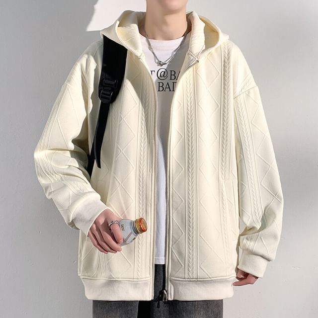 Diphon-Jacquard Zip-Up Plain Hoodie