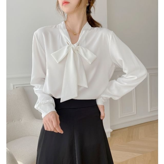 Dragan Pulse-Long-Sleeve Tie Neck Plain Blouse
