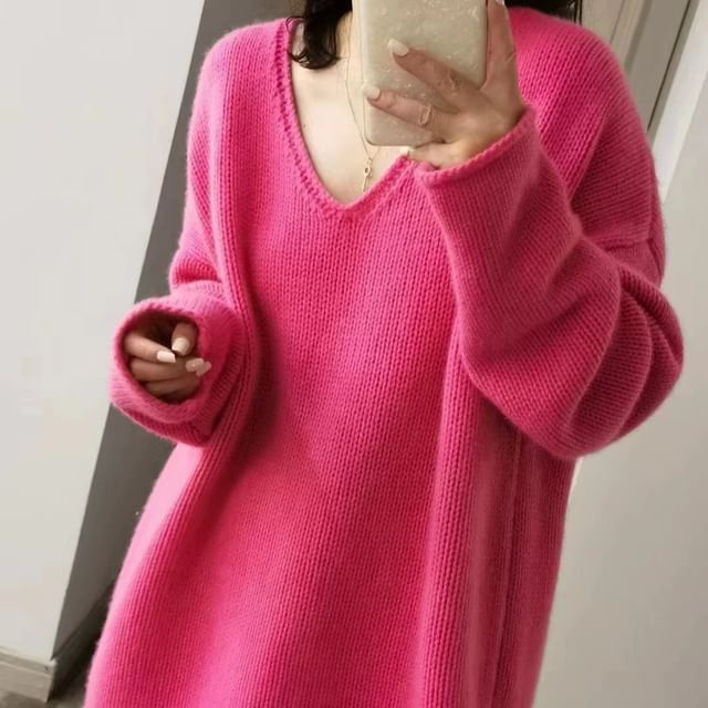Beaustreet-V-Neck Plain Long Sweater