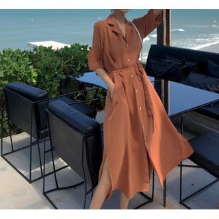 Antoinine - Elbow-Sleeve Slit Midi Shirt Dress | YesStyle