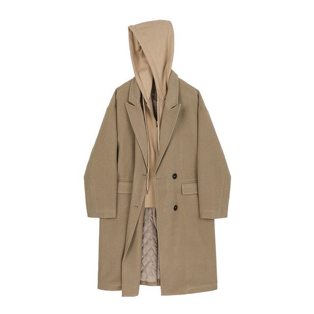 MISHI CLUB-Mock Two-Piece Hooded Long Trench Coat