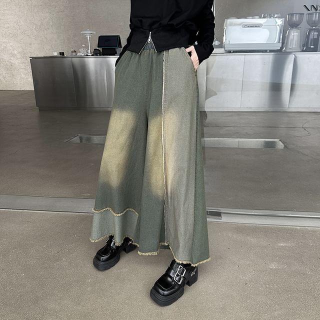 KUMI-Elastic Waist Patchwork Fringed Washed Denim Culottes
