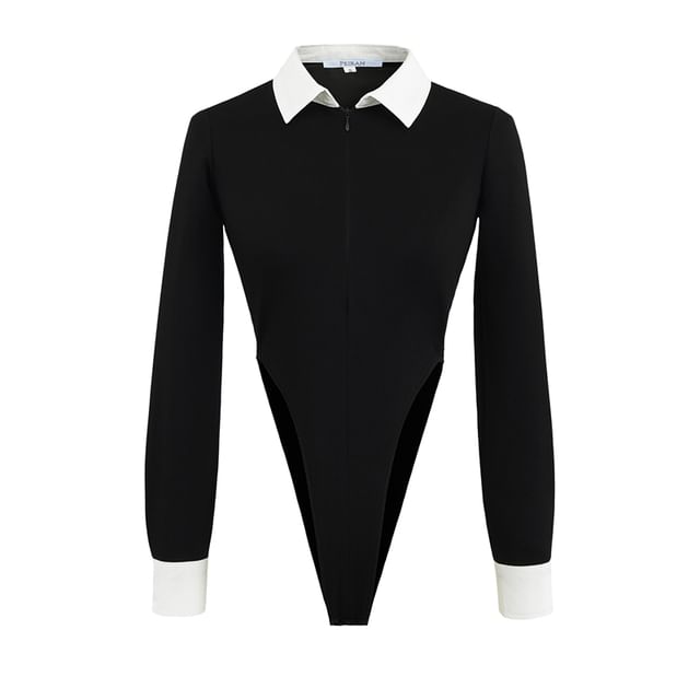 Ulark-Long-Sleeve Collared Two Tone Half-Zip Bodysuit Top