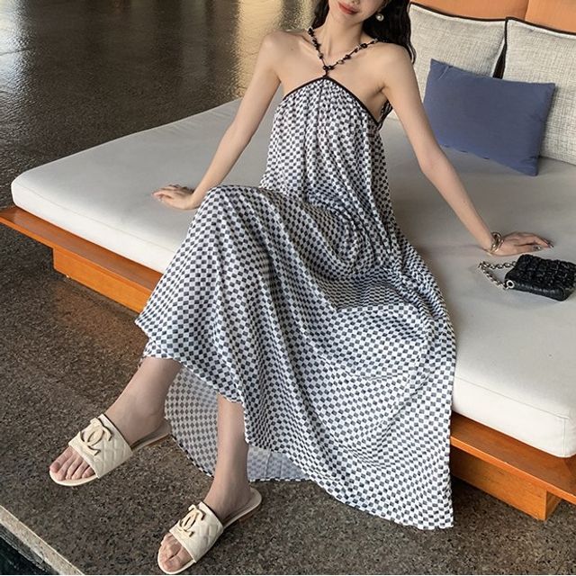 Faiar - Halter Checkerboard Maxi A-Line Dress | YesStyle