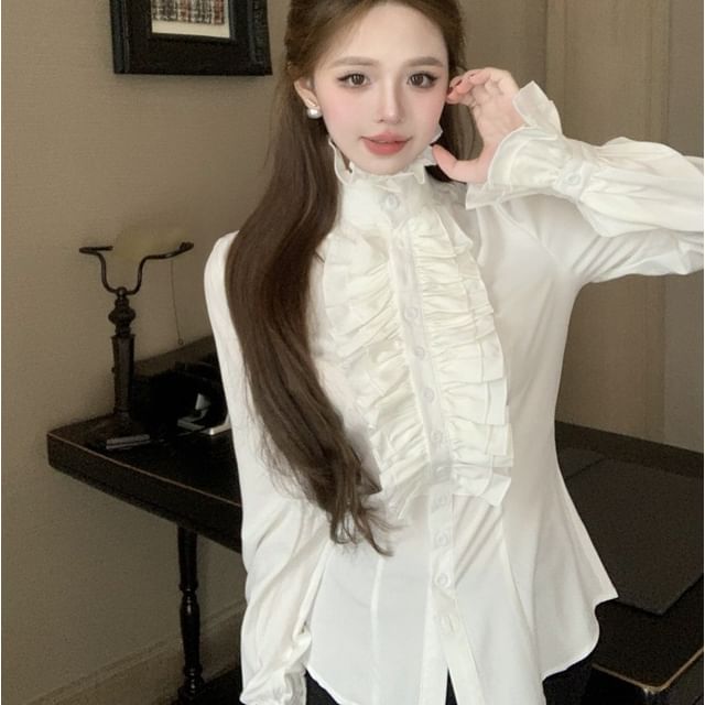 Whoosh-Long-Sleeve Stand Collar Plain Ruffle Trim Blouse