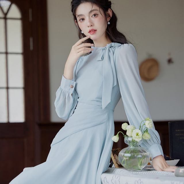Cocaliso - Long-Sleeve Tie Neck Plain Maxi A-Line Dress