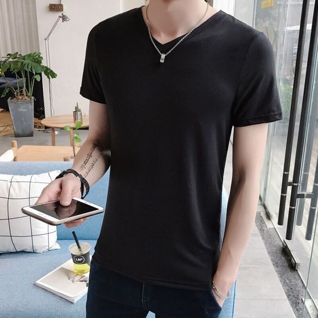 Wescosso-Round Neck Plain V-Neck T-Shirt