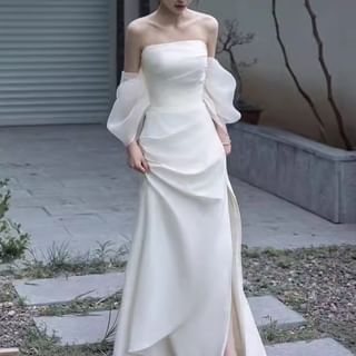 DreesHouse-Off-Shoulder Plain Slit A-Line Evening Gown