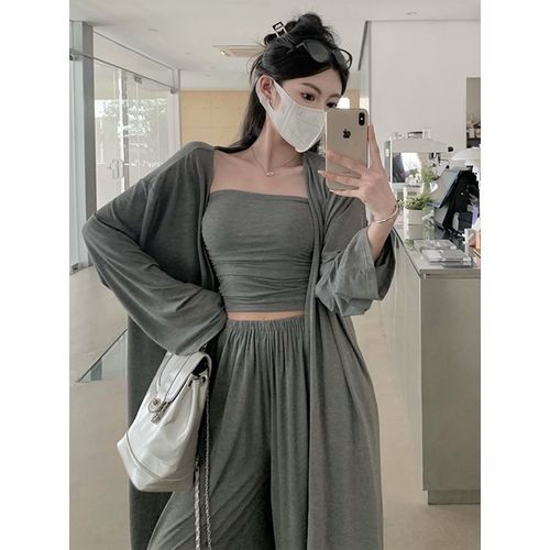 Plain Tube Top / Open-Front Long Light Cardigan / High-Rise Wide-Leg Pants