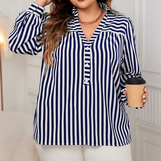 PlusPretty-Long-Sleeve V-Neck Striped Blouse