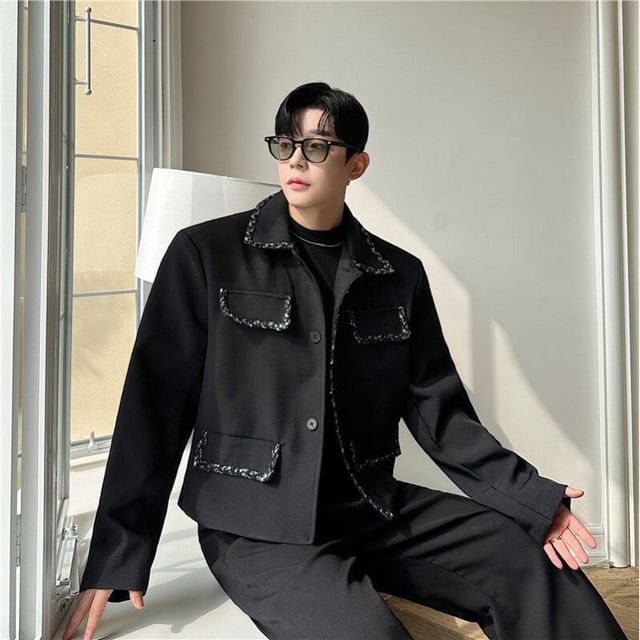 ravewider-Collar Contrast Trim Button Jacket