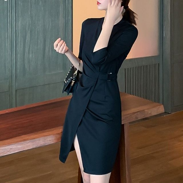 belted blazer dress black Kesari Pleated Blazer Wrap Dress