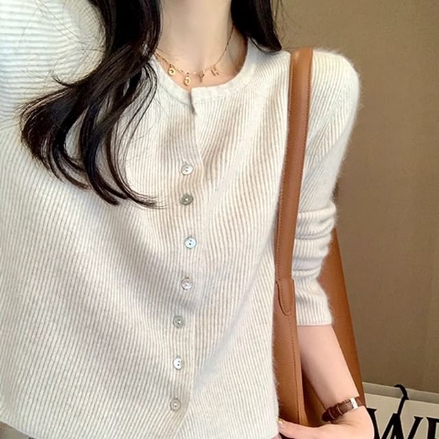 Shinsei-Notch Neck Plain Ribbed Cardigan
