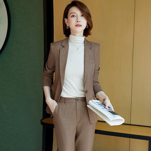 Skyheart Plaid Blazer V-Neck Blouse Dress Pants Set YesStyle