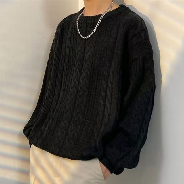 Sinlarity-Crew Neck Plain Cable Knit Sweater