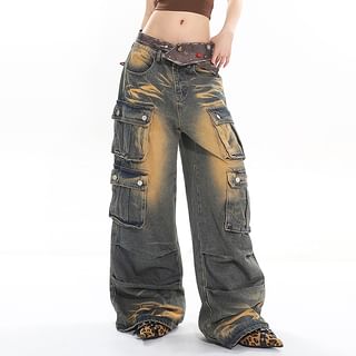 SPUCIKLEI Mid Rise Washed Wide Leg Jeans