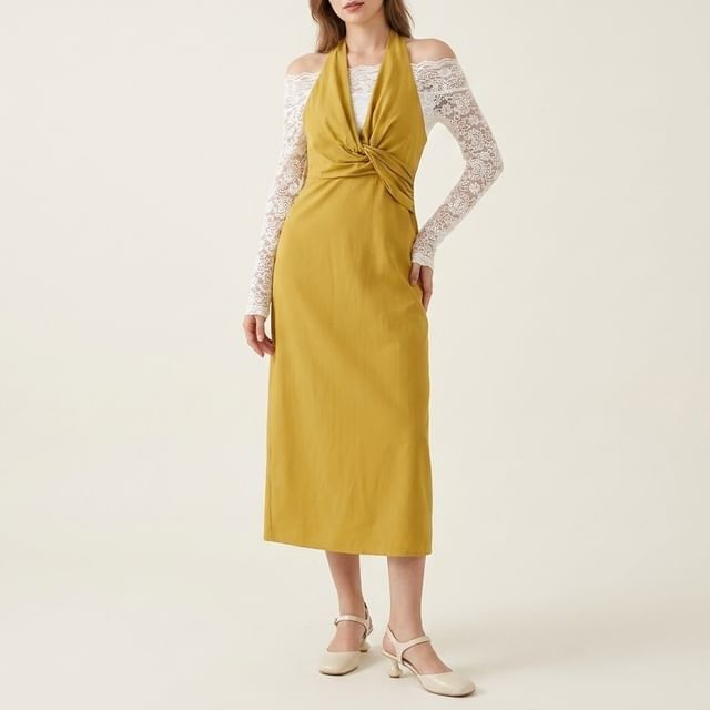 Melon Juice-Halter Plain Maxi Sheath Dress