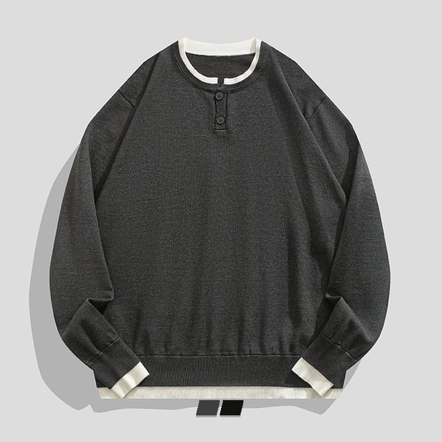 purplelouve-Round Neck Mock Two Piece Button Sweater