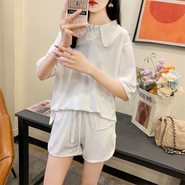 Everose-Set Short-Sleeve Plain Shirt Shorts