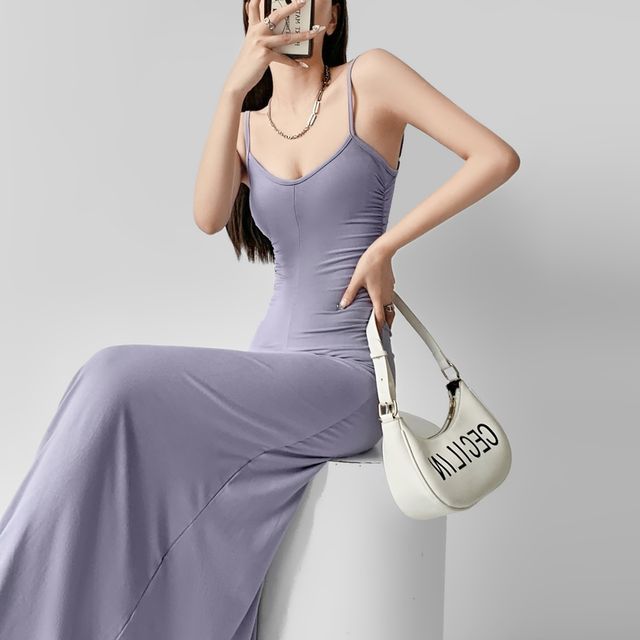 LIVIE - Spaghetti Strap V-Neck Plain Maxi A-Line Dress | YesStyle