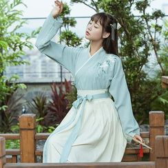 Cedar Smile - Long-Sleeve Embroidered Top/ Maxi A-Line Skirt/ Scarf/ Hanfu Set