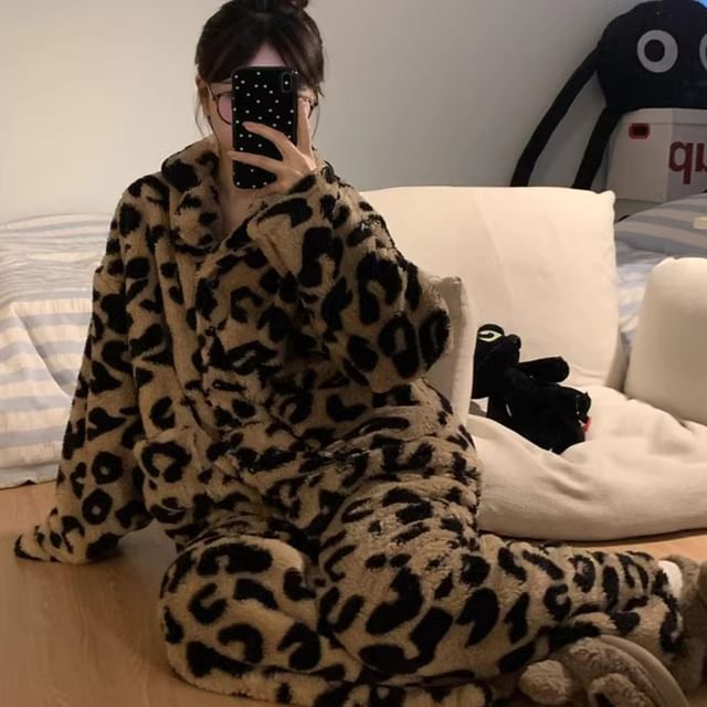 GOUB-Pajama Set Leopard Print Zip-Up Jacket Pants