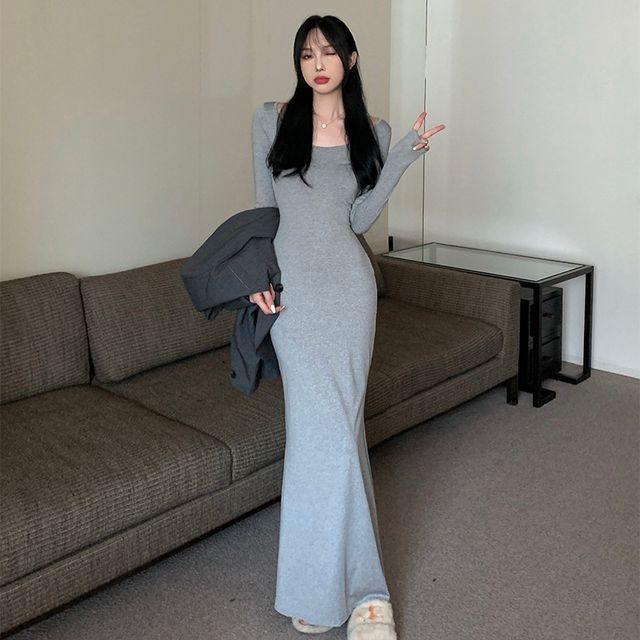 Everose - Long-Sleeve Scoop Neck Plain Maxi Mermaid Dress | YesStyle