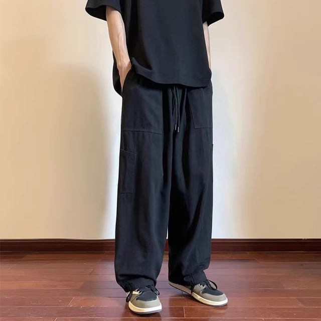 Priam-Drawstring Waist Plain Loose Fit Cargo Pants