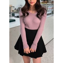 chuu - V-Neck Rib-Knit Top chuu - V-Neck Rib-Knit Top