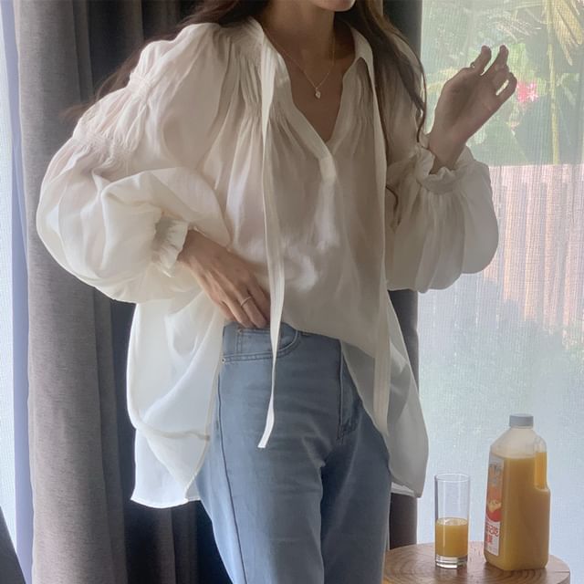 Jesong-Long-Sleeve Tie-Neck Plain Blouse