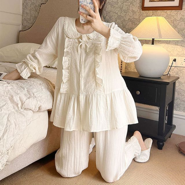 Jilliana - Pajama Set: Plain Lace Trim Shirt + Camisole Top +