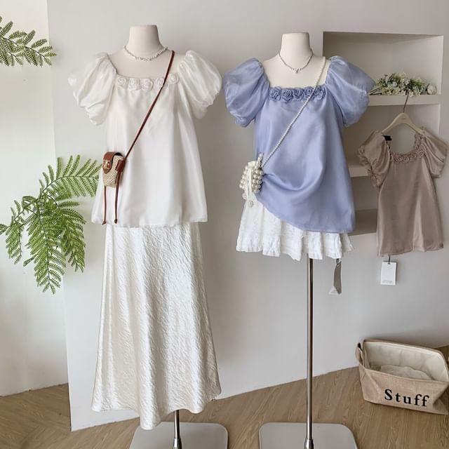 Dute-Short-Sleeve Square Neck Plain Flowy Blouse
