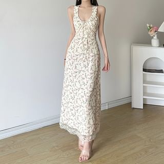 Honet Sleeveless Drawstring Floral Print Lace-Panel Slim-Fit Maxi Dress