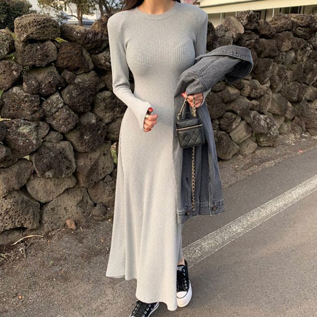 Coris - Long-Sleeve Crew Neck Plain Maxi T-Shirt Dress | YesStyle