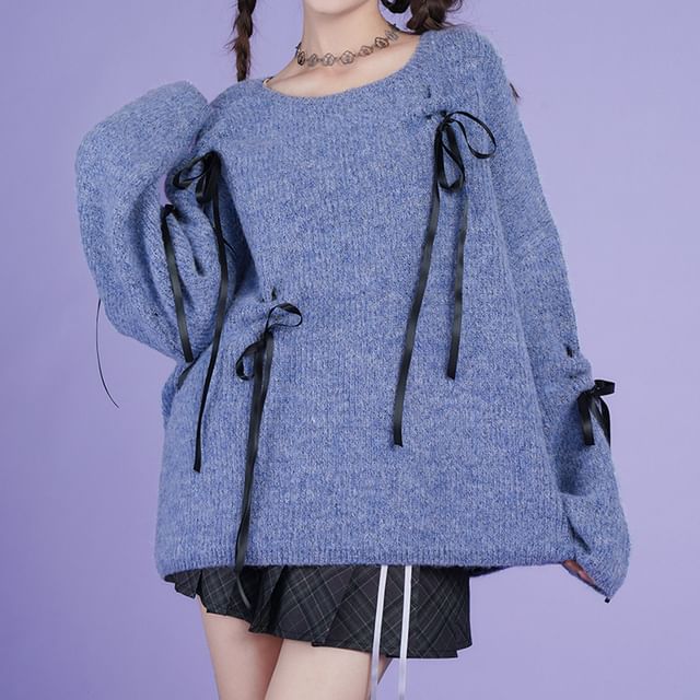 Sagidolls-Crew Neck Plain Bowknot Sweater